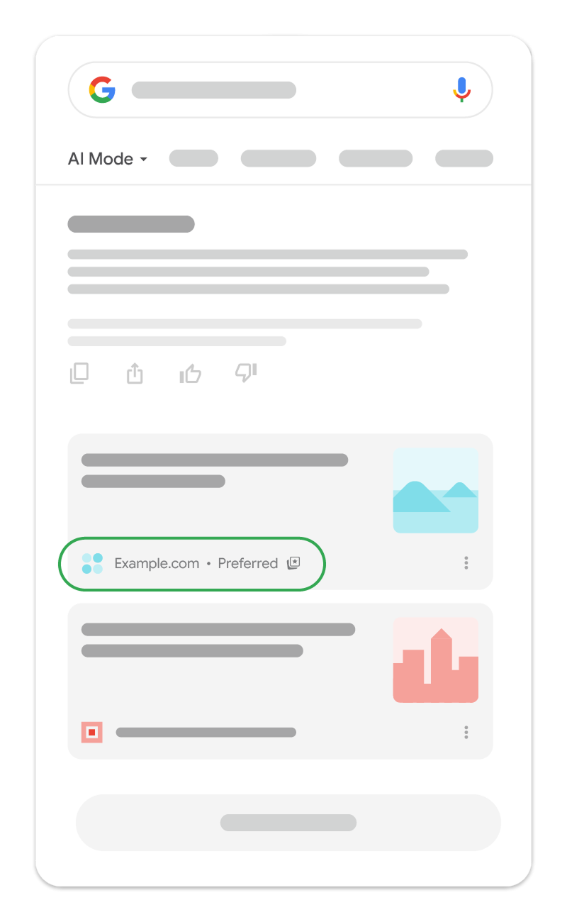 Google Preferred Sources в AI Mode с Preferred обозначение